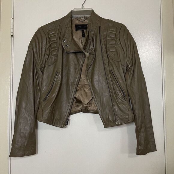 BCBGMaxazria taupe brown real leather full zip cropped moto jacket size small - Picture 1 of 8